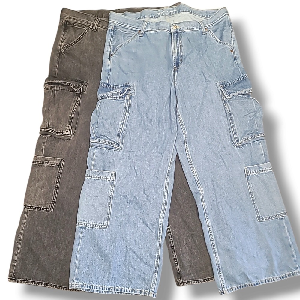 Lot 2 Old Navy Womens Mid-Rise Baggy Wide Leg Cargo Jeans Sz 16 Blue Black Denim